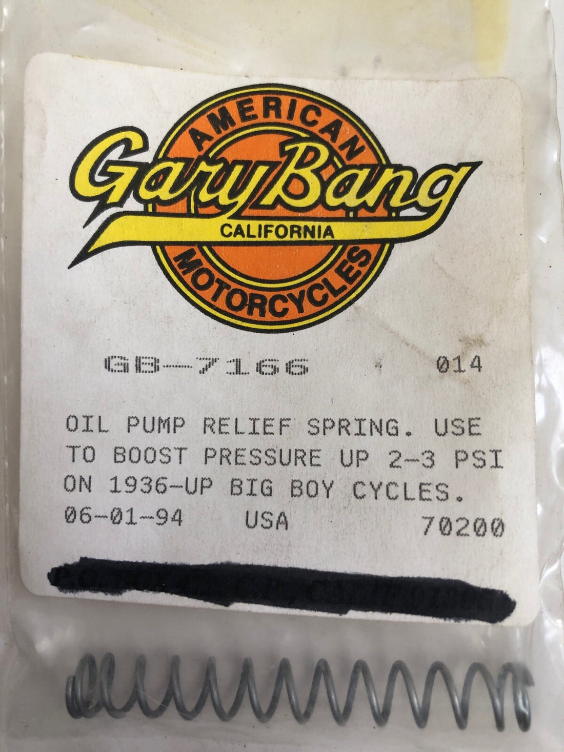 
  
  GB-7166 GARY BANG 1936-UP BIG BOY CYCLES OIL PUMP RELIEF SPRING NOS VINTAGE PART
  
