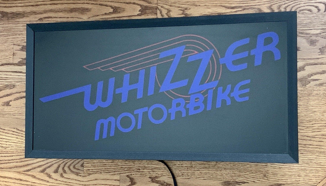 
  
  RARE!!   ORIGINAL  WHIZZER  WINDOW  LIGHTED  DEALER SIGN    24 3/4”  X  12 1/2