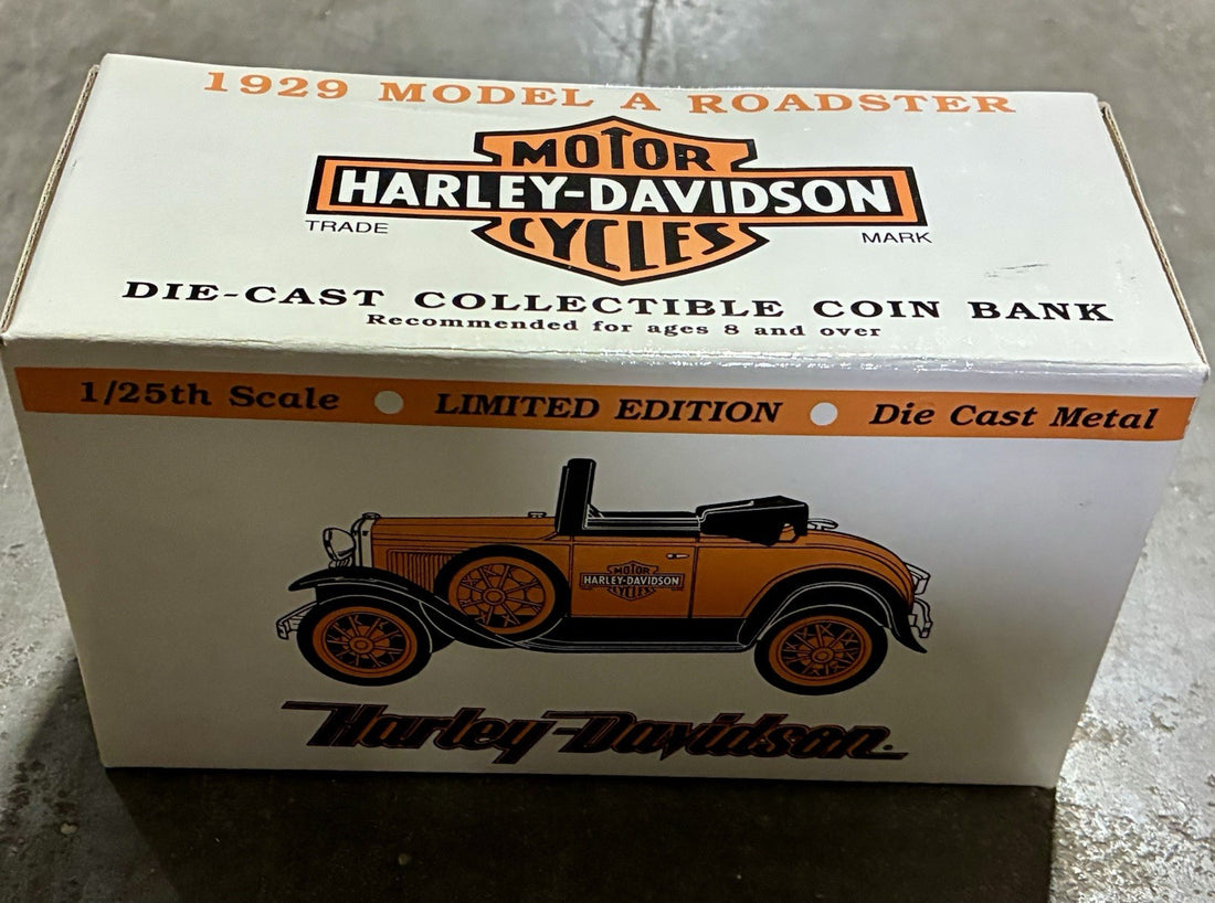 
  
  HARLEY-DAVIDSON 1929 MODEL A ROADSTER DIE CAST COIN BANK 1:25 LIMITED EDITION
  
