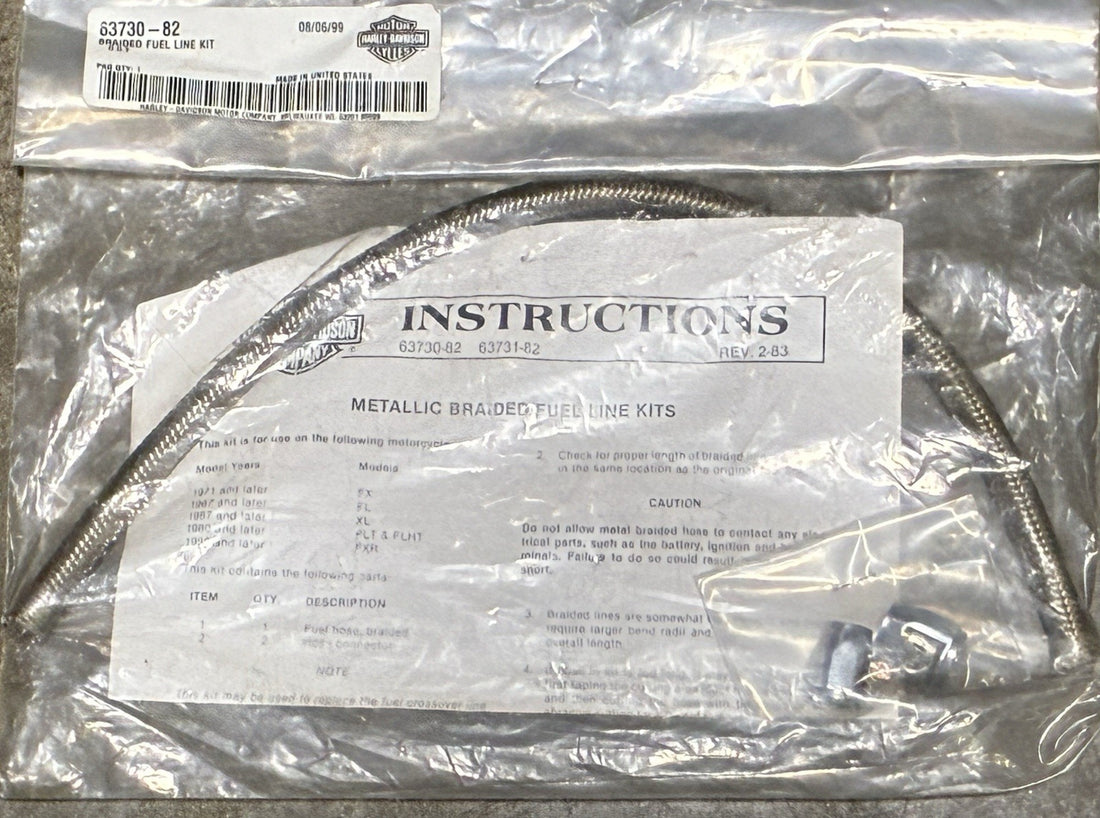 
  
  63730-82 HARLEY-DAVIDSON 1986-EARLIER FL FX BRAIDED FUEL LINE KIT OEM NOS
  
