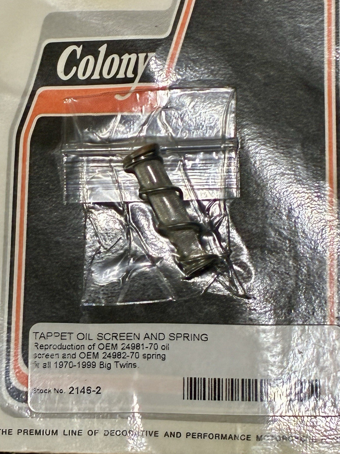 
  
  2146-2 COLONY CRANKCASE TAPPET OIL SCREEN & SPRING 1970-99 BIG TWIN HARLEY NOS
  
