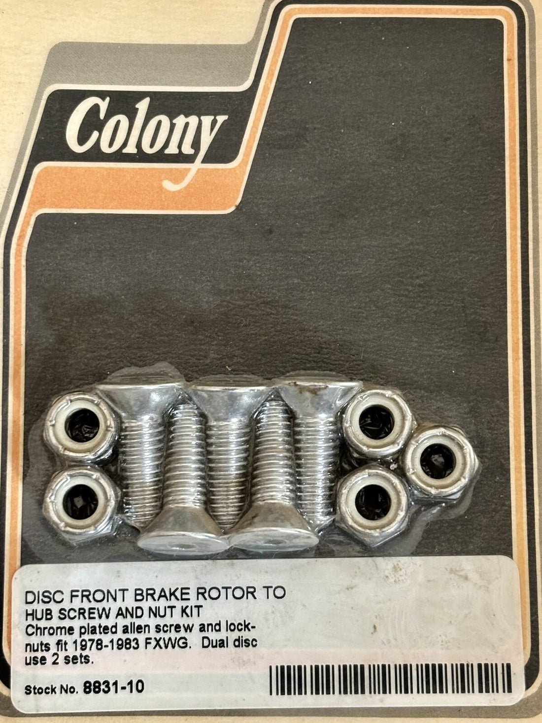 
  
  8831-10 COLONY 1978-1983 FXWG DISC FRONT BRAKE ROTOR TO HUB SCREW & NUT KIT NOS
  
