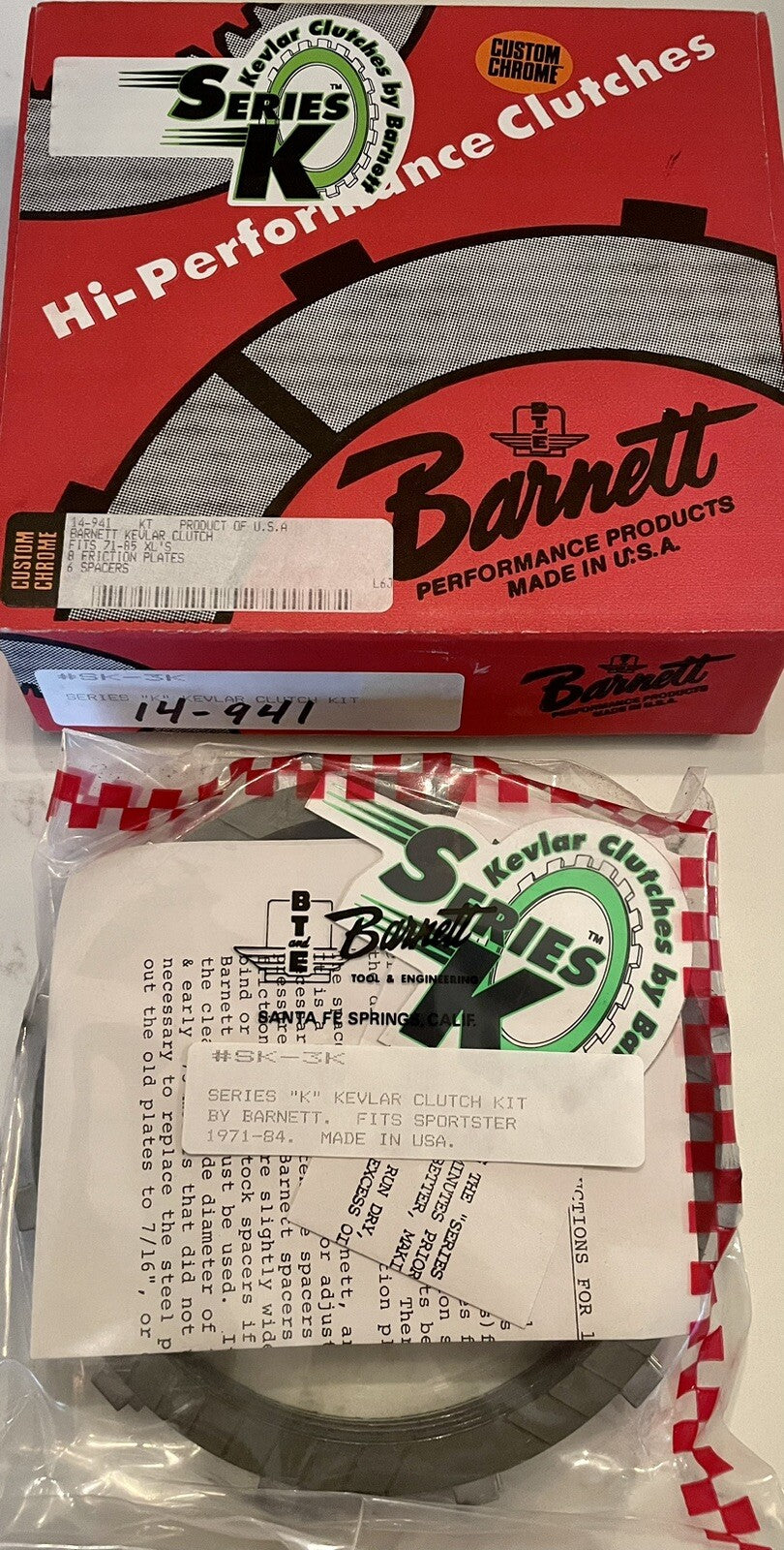 
  
  BARNETT SERIES K CLUTCH KIT 8 FRICTION PLATES 6 SPACERS 1971-85 SPORTSTER XL NOS
  
