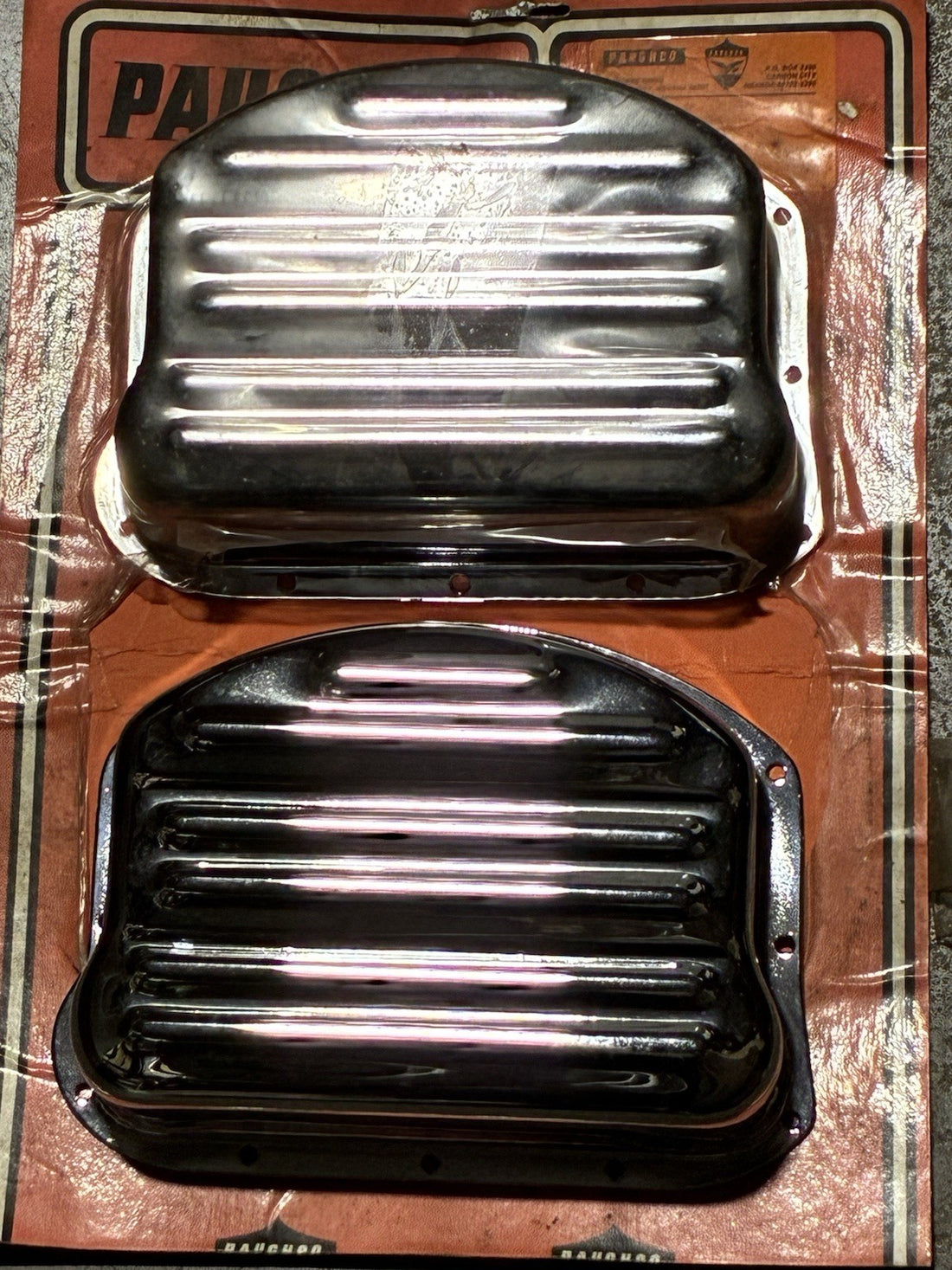 
  
  765A PAUGHCO CHROME RIBBED ROCKER BOX ARM COVERS 1948-1965 PANHEAD HARLEY NOS
  
