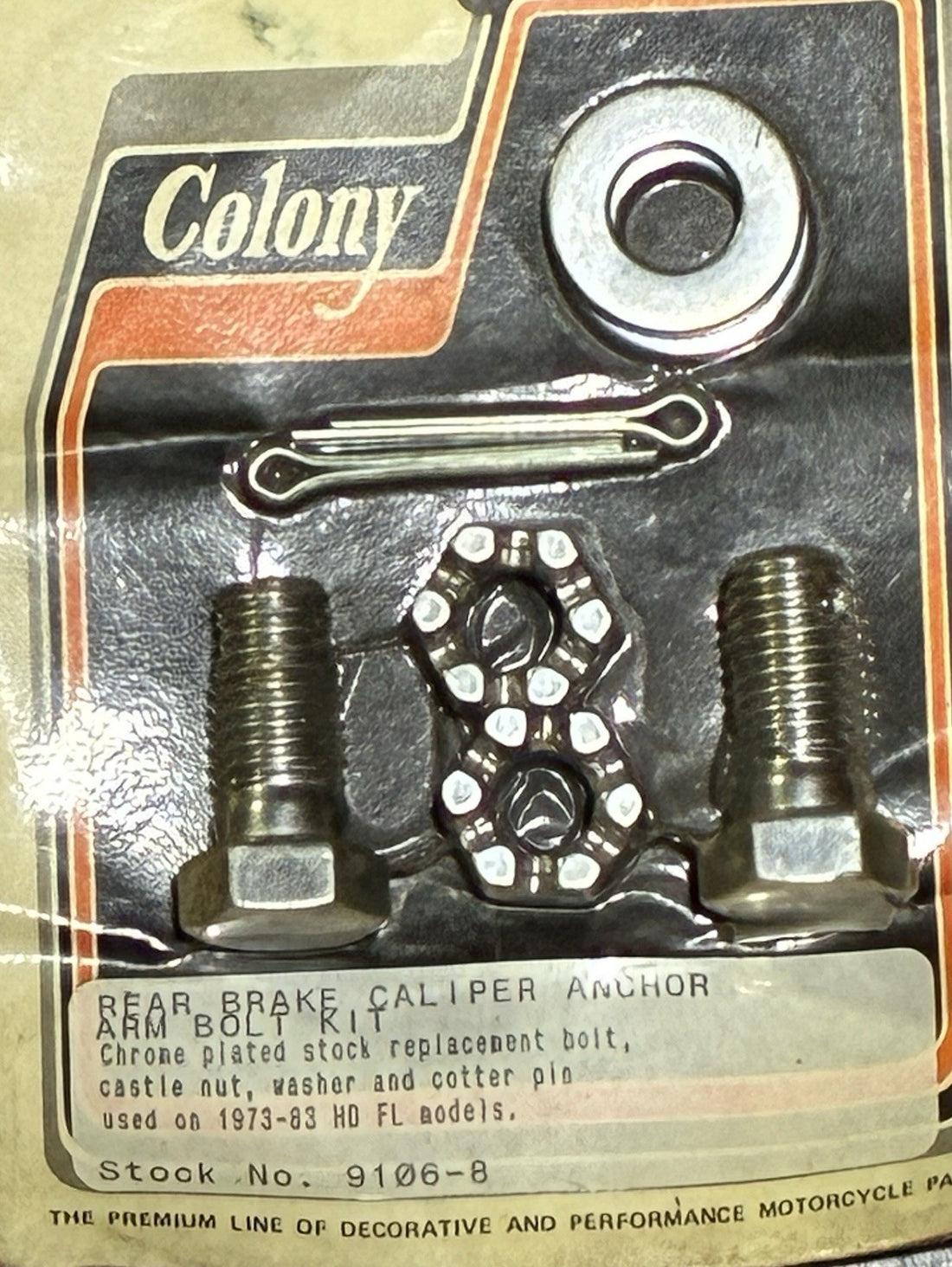 
  
  9106-8 COLONY REAR BRAKE CALIPER ANCHOR ARM BOLT KIT 1973-1983 FL HARLEY NOS
  
