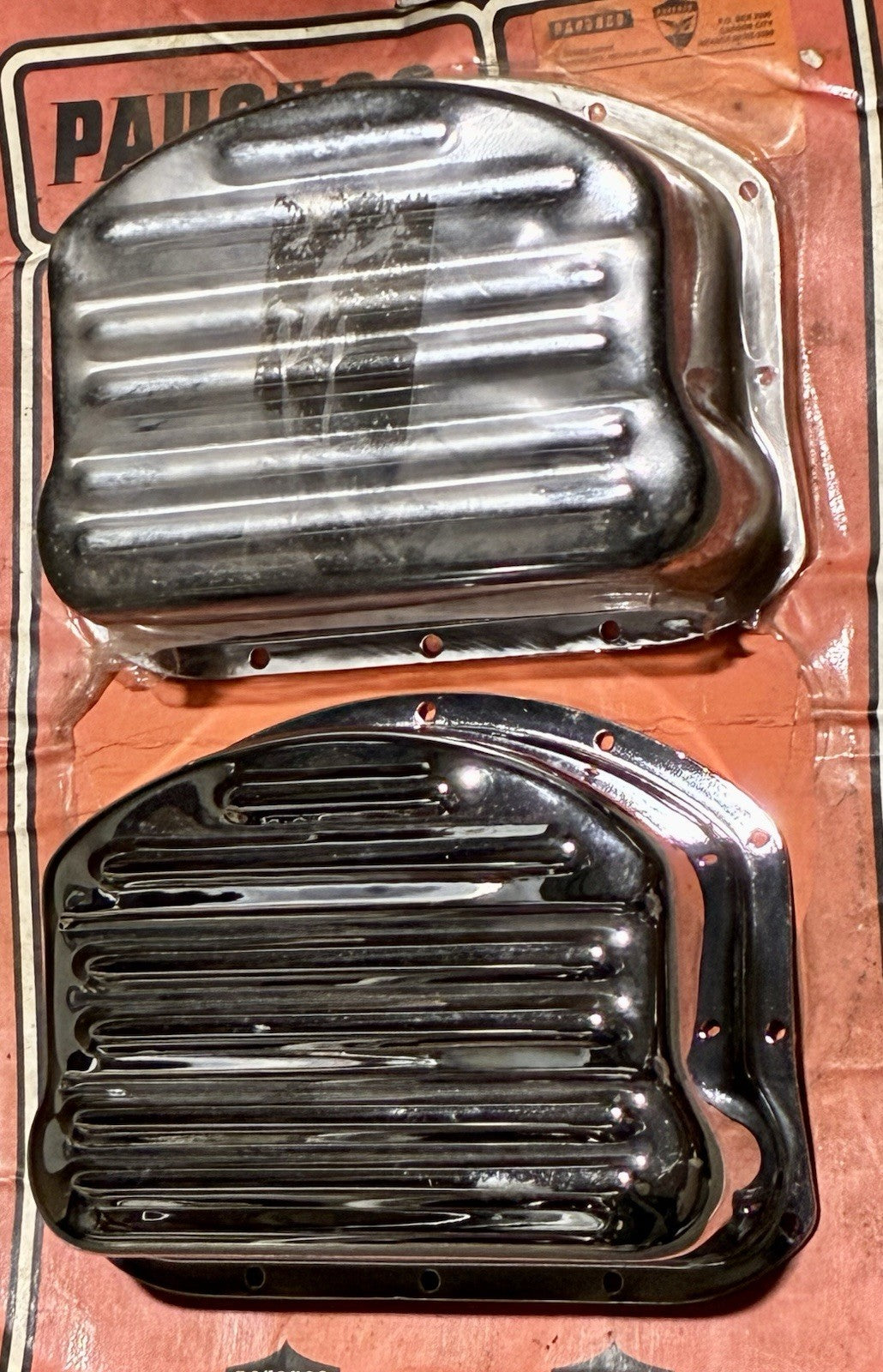 
  
  765A PAUGHCO CHROME RIBBED ROCKER BOX ARM COVERS 1948-1965 PANHEAD HARLEY NOS
  
