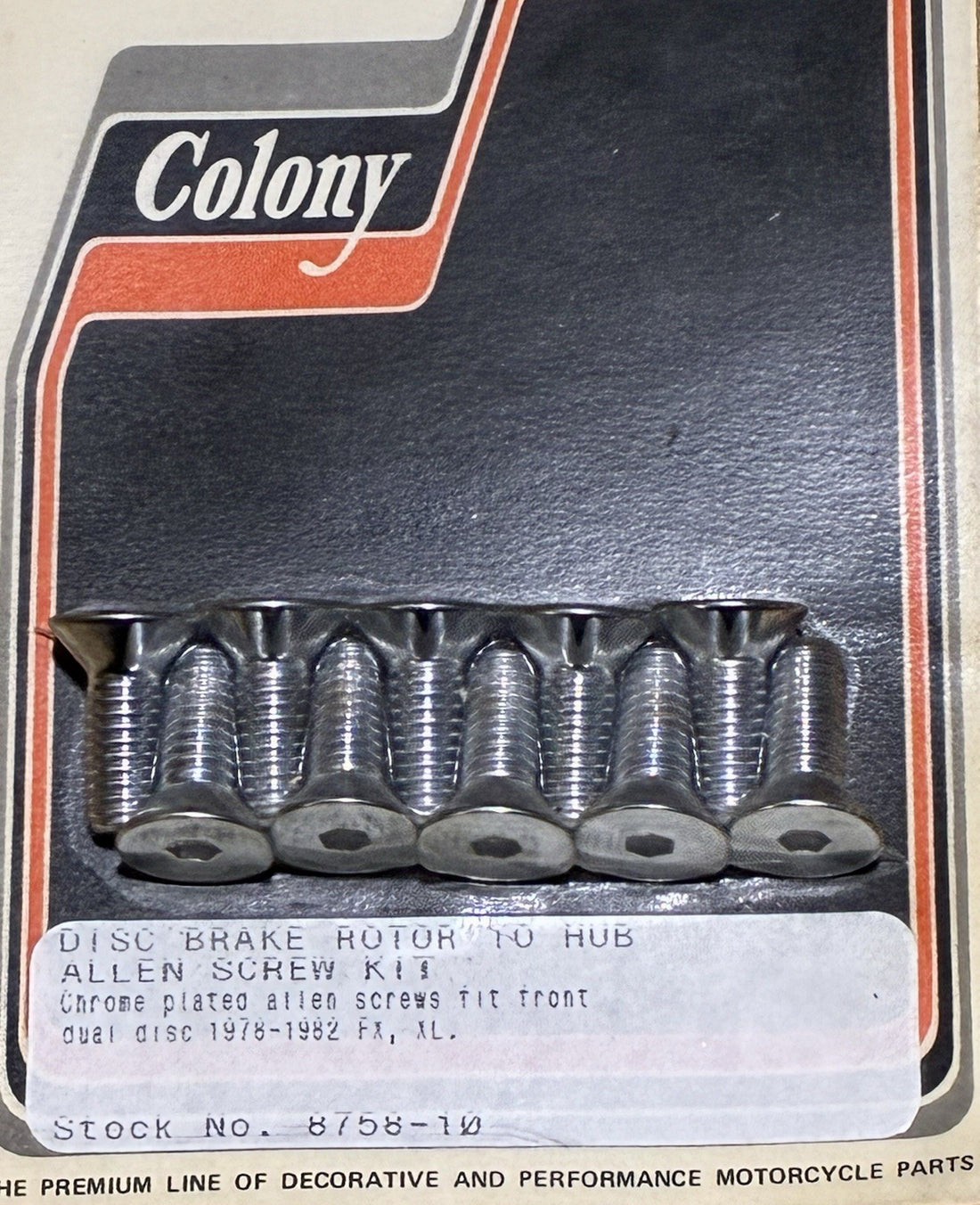 
  
  8758-10 COLONY FRONT BRAKE ROTOR TO HUB SCREW KIT 1978-1982 FX & XL NOS
  
