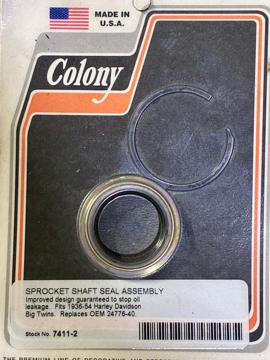 
  
  7411-2 COLONY SPROCKET SHAFT SEAL 1936-1954 BIG TWINS HARLEY 24776-40 NOS
  
