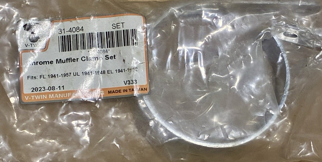
  
  31-4084 V-TWIN CHROME MUFFLER CLAMP 41-57 FL 41-48 UL 41-52 EL HARLEY NOS
  
