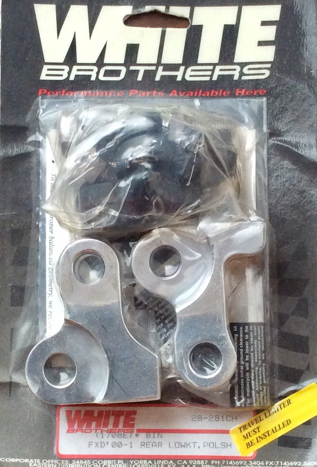 
  
  28-281CH      WHITE BROTHERS 2000-2001 HARLEY FXD REAR LOWERING KIT   NOS
  
