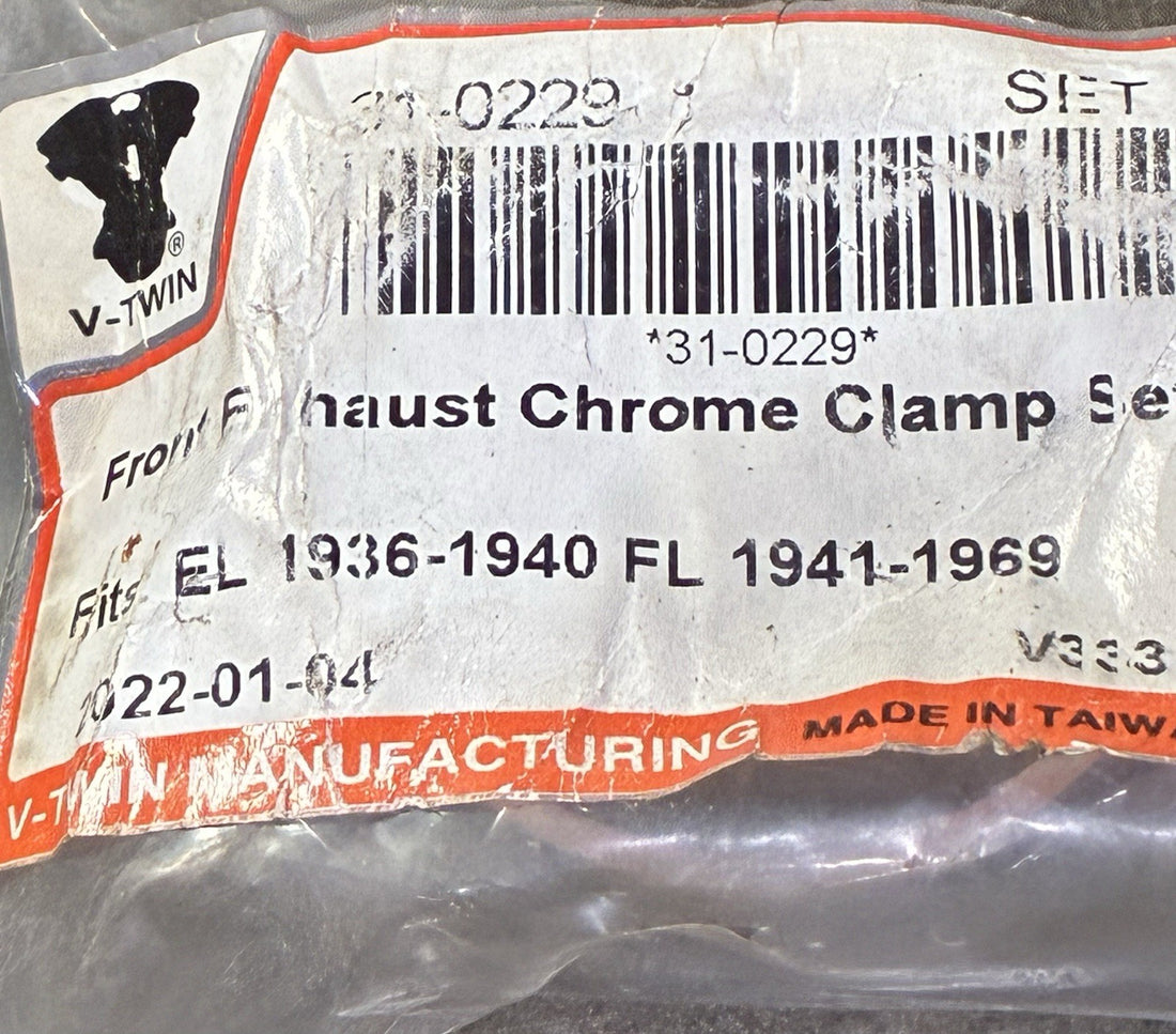 
  
  31-0229 V-TWIN 1936-1940 EL 1941-1969 FL FRONT EXHAUST CHROME CLAMP SET NOS
  
