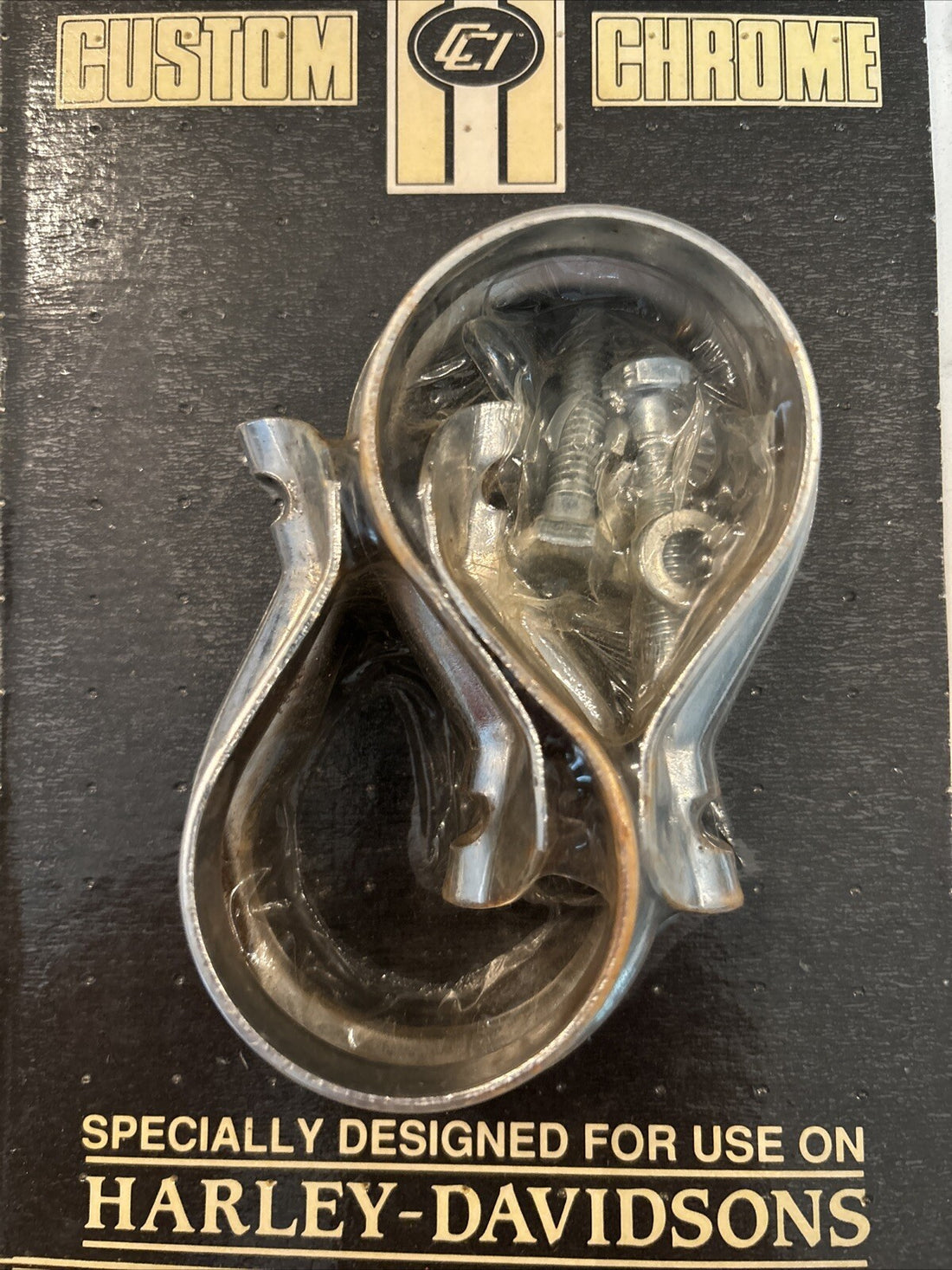 11-422 CUSTOM CHROME EXHAUST MUFFLER CLAMPS LATE 1985-UP FLT HARLEY NOS