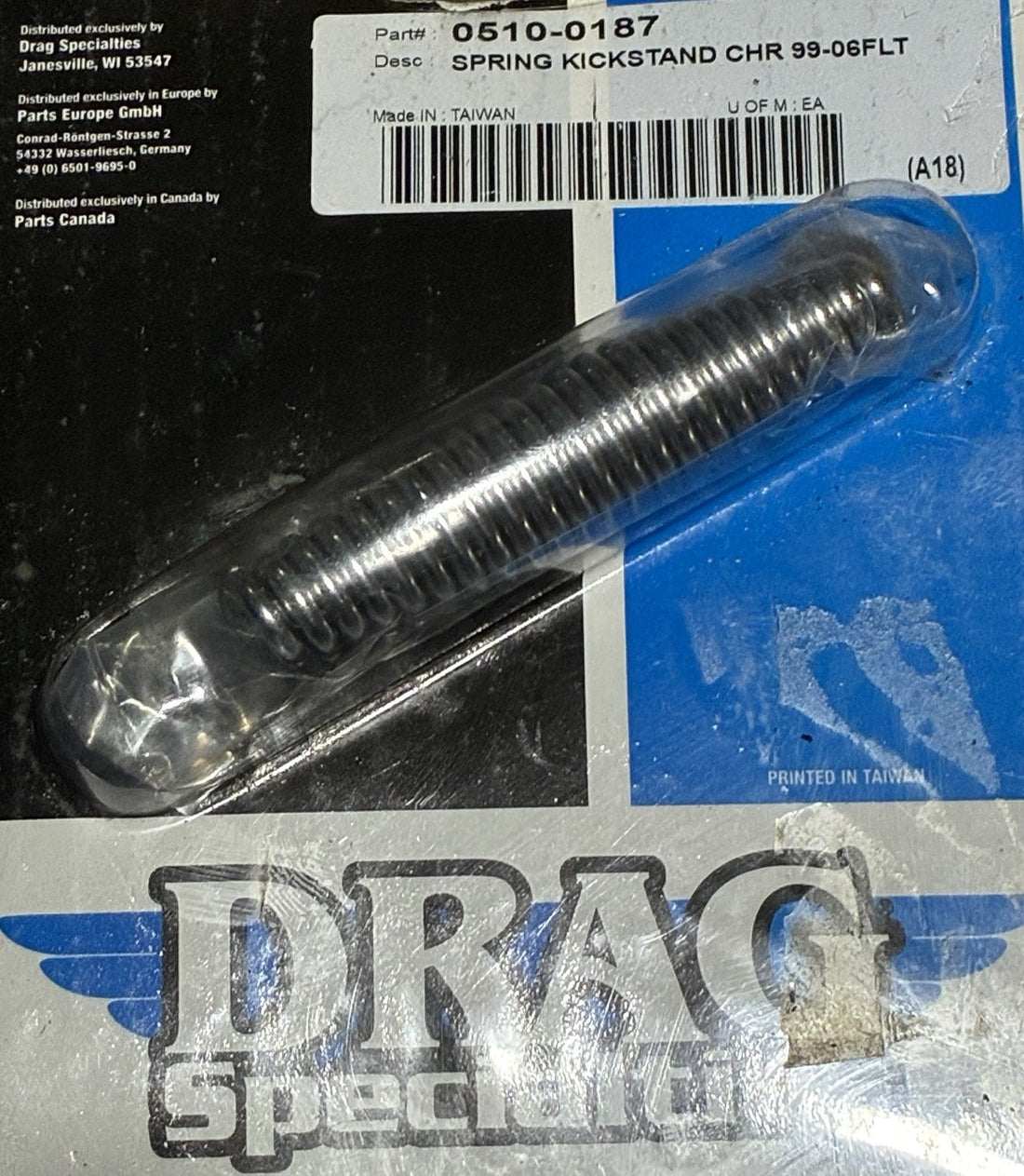 
  
  0510-0187 DRAG SPECIALTIES CHROME KICKSTAND SPRING 99-06 FLT HARLEY 50112-99 NOS
  

