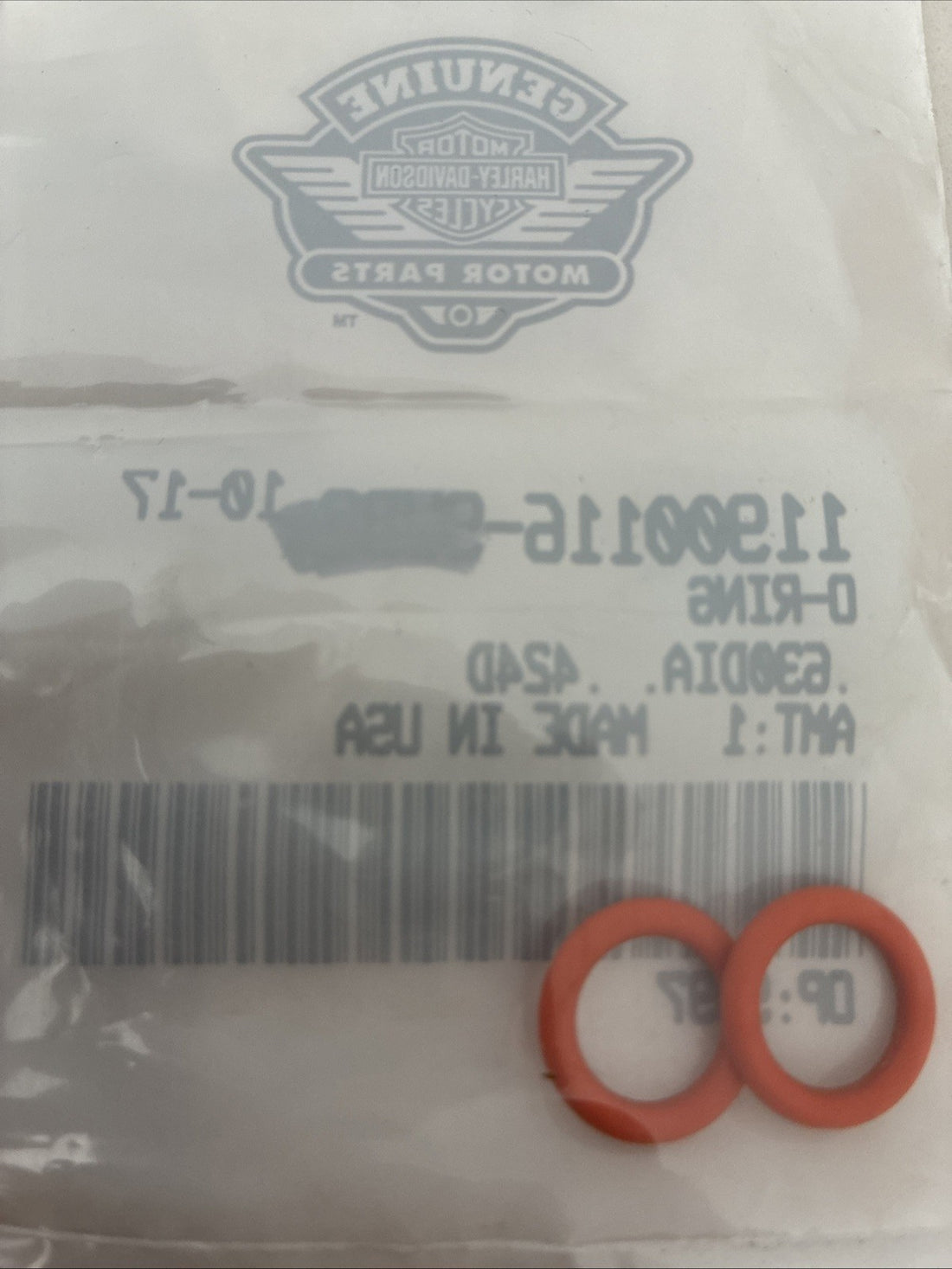 11900116 HARLEY-DAVIDSON SET OF 2 O-RINGS .630 DIA .424 ID OEM NOS