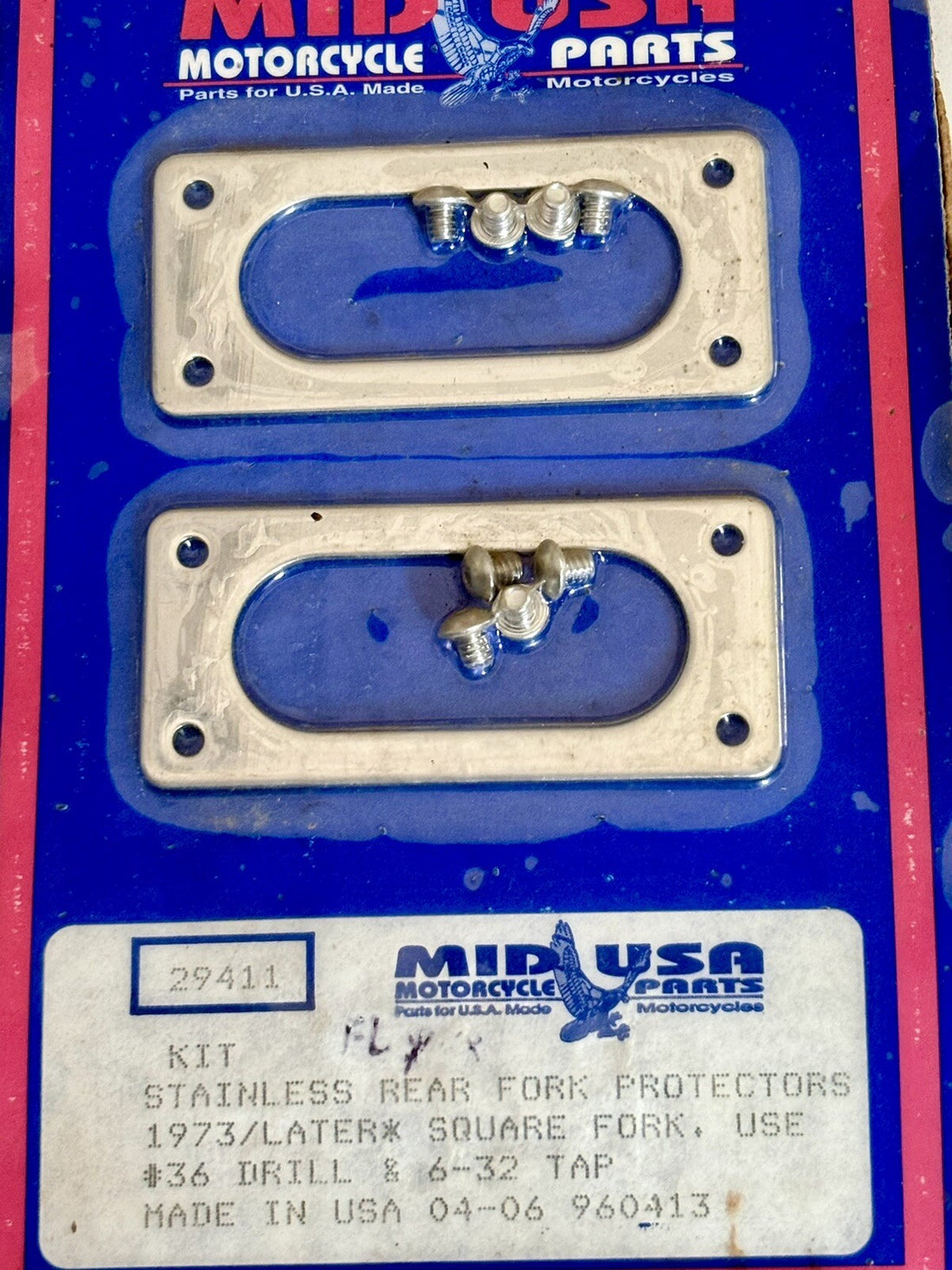 
  
  29411 MID USA 1973-UP STAINLESS REAR FORK PROTECTORS KIT NOS
  
