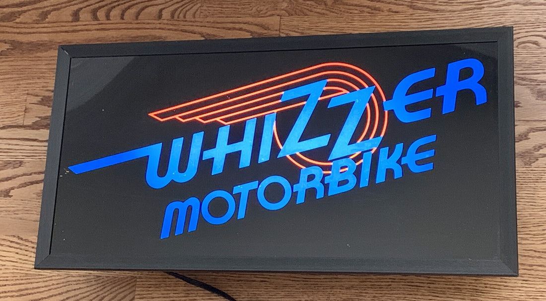 
  
  RARE!!   ORIGINAL  WHIZZER  WINDOW  LIGHTED  DEALER SIGN    24 3/4”  X  12 1/2