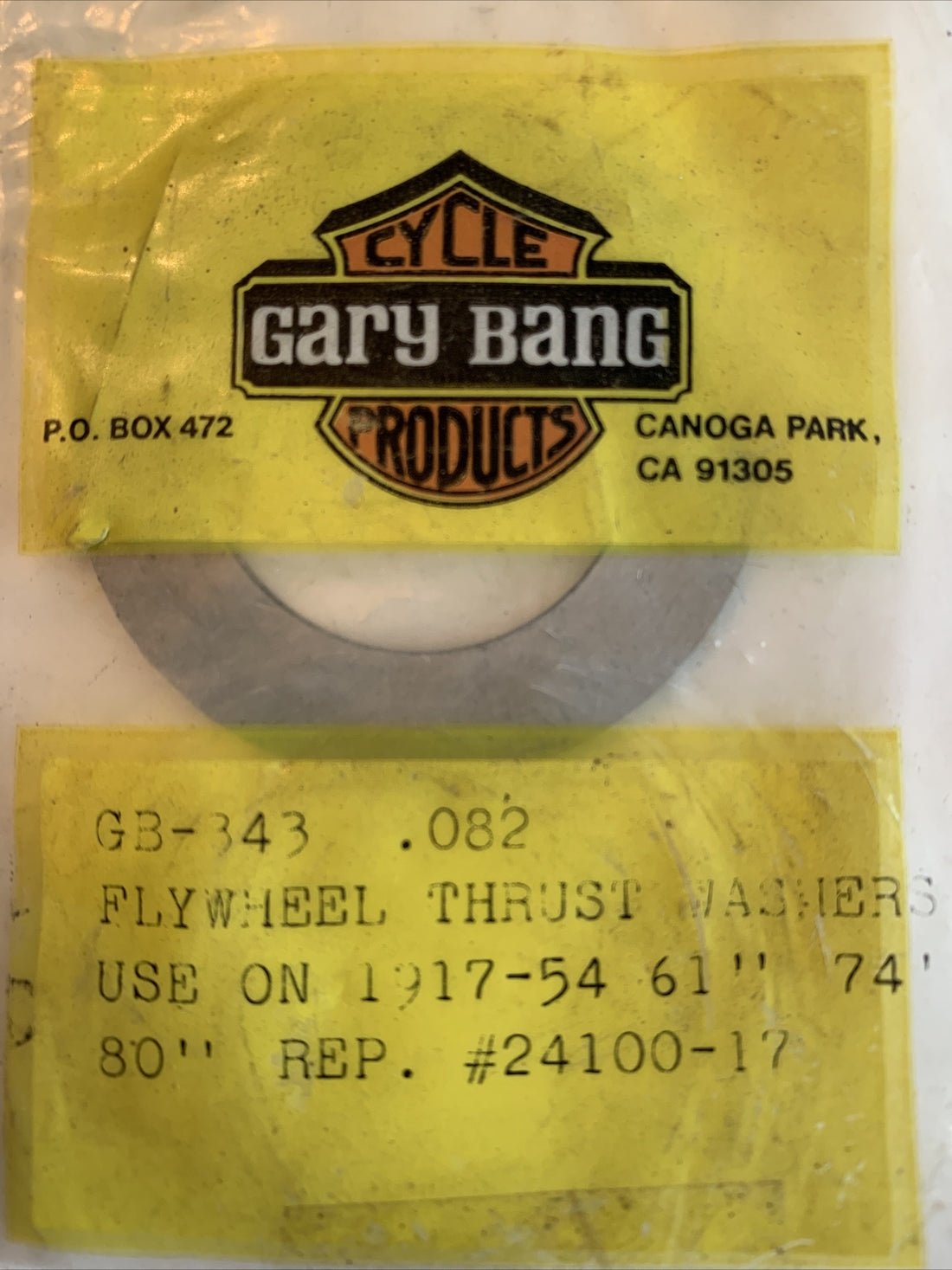 
  
  GB-343  HARLEY 1917-1954  BIG TWIN     .082 FLYWHEEL THRUST WASHER 24100-17  NOS
  
