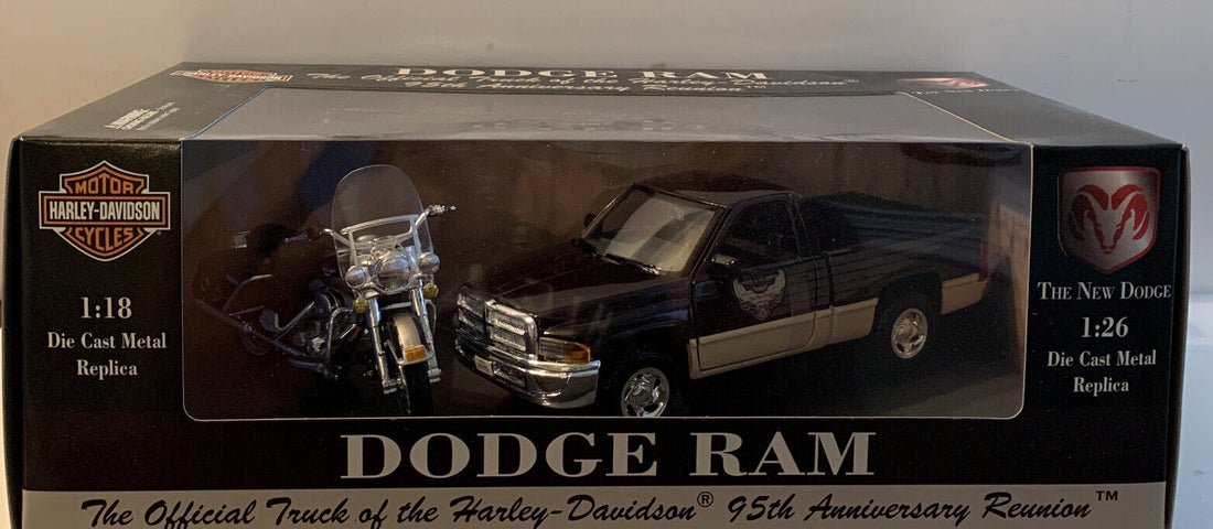 
  
  HARLEY-DAVIDSON 95TH ANNIVERSARY 1:26 DODGE RAM 1:18 HARLEY MOTORCYCLE DIE CAST
  
